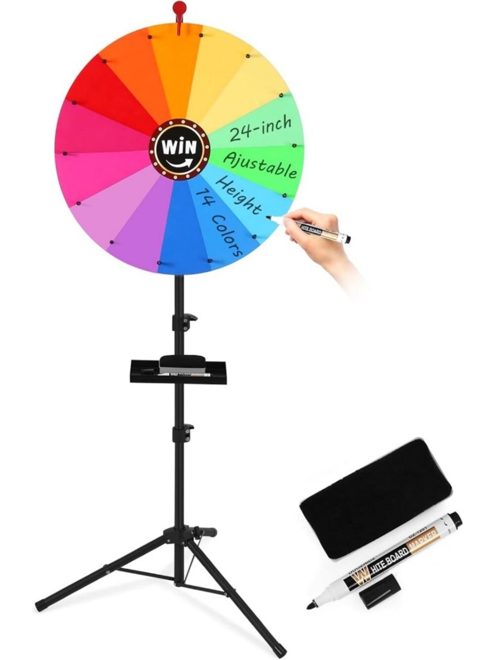 24" Adjustable Prize Wheel Spinner for Games, 14 Colors, Height 37"-65" - Fun